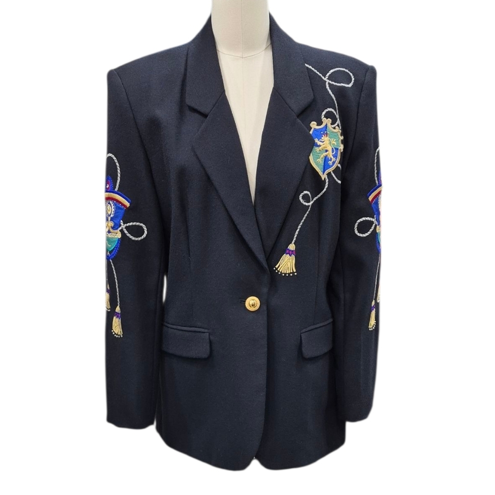 Vintage Nota Bene wool blazer women's 12 black crest rope applique embroidery